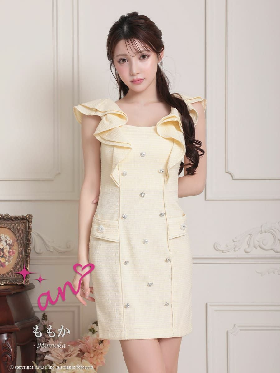 キャバドレス an アン フリル ライン ノースリーブ ツイード ハート フラワー モチーフ ビジュー ポケット タイトミニドレス