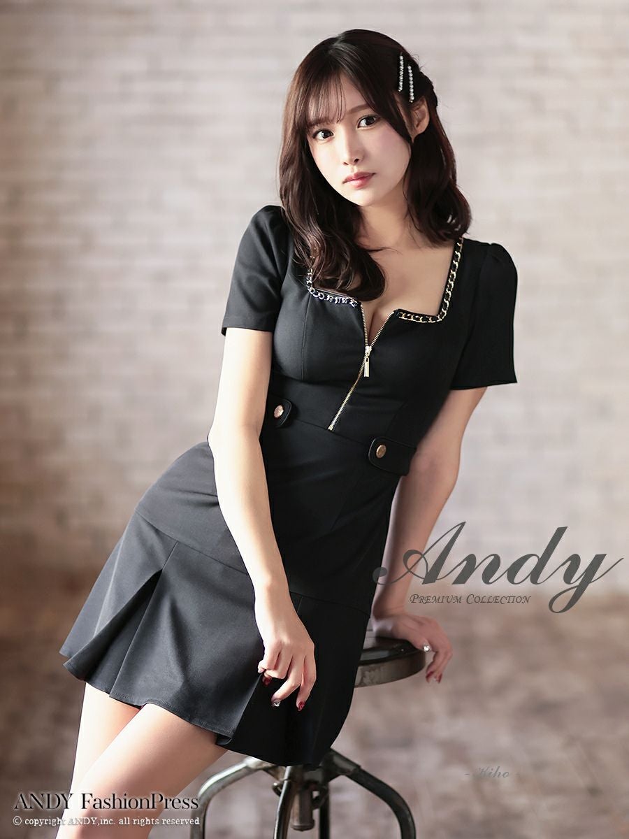 キャバドレス フレアミニドレス Andy アンディ プリーツ 半袖 ジップデザイン 飾りボタン スクエアネック ワンカラー