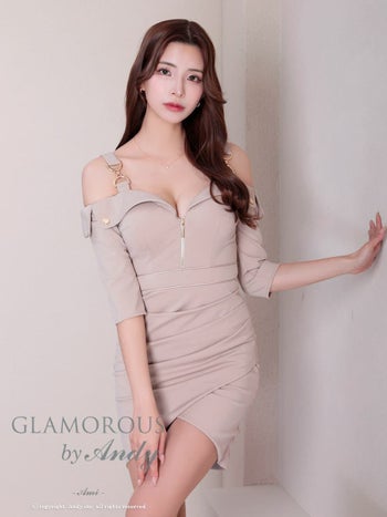 キャバドレス GLAMOROUS 袖あり 肩あき ジップデザイン チェーン 襟 タック ラップスカート タイトミニドレス