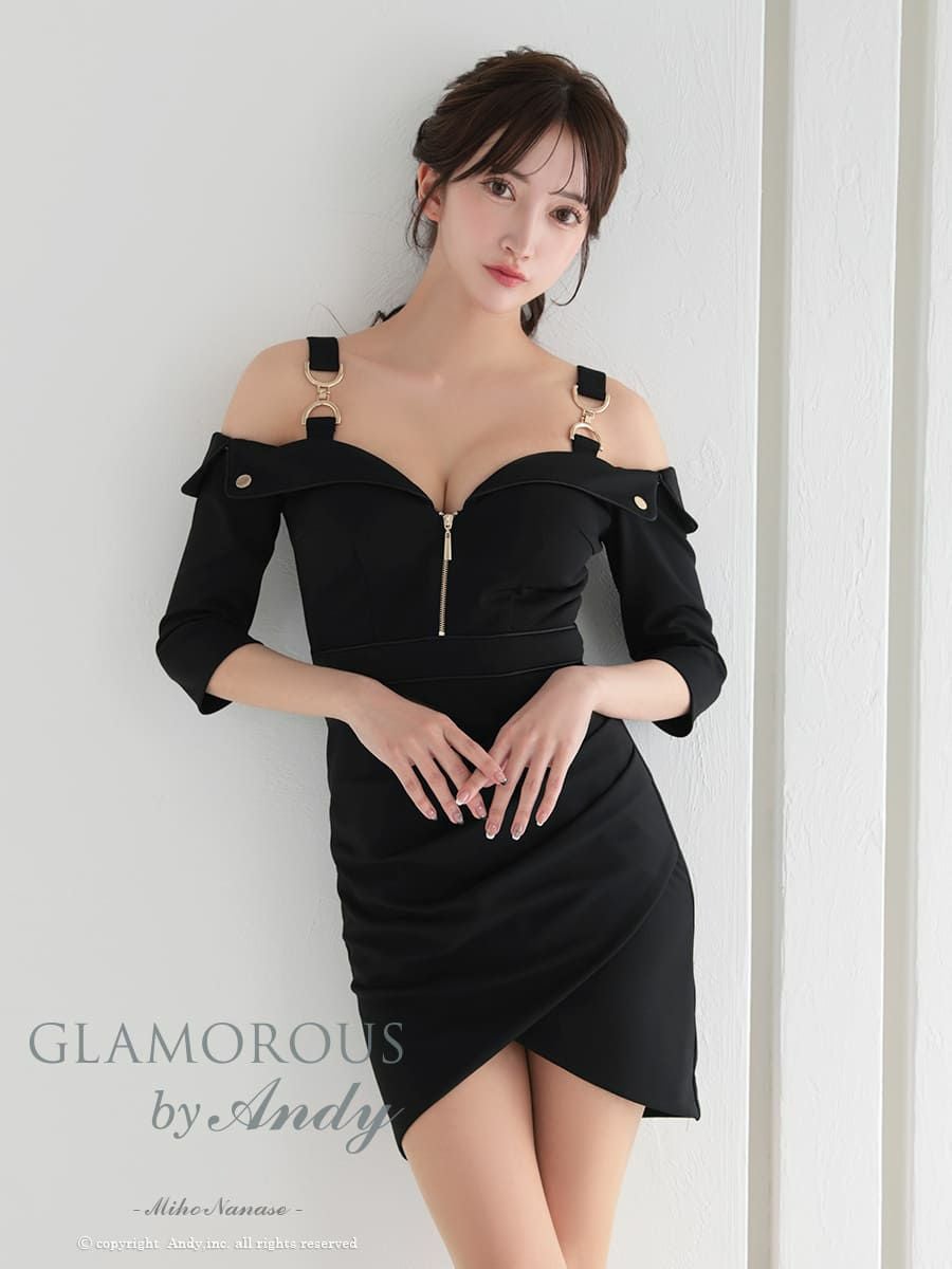 キャバドレス GLAMOROUS 袖あり ジップデザイン 肩あき チェーン 襟 タック ラップスカート タイトミニドレス