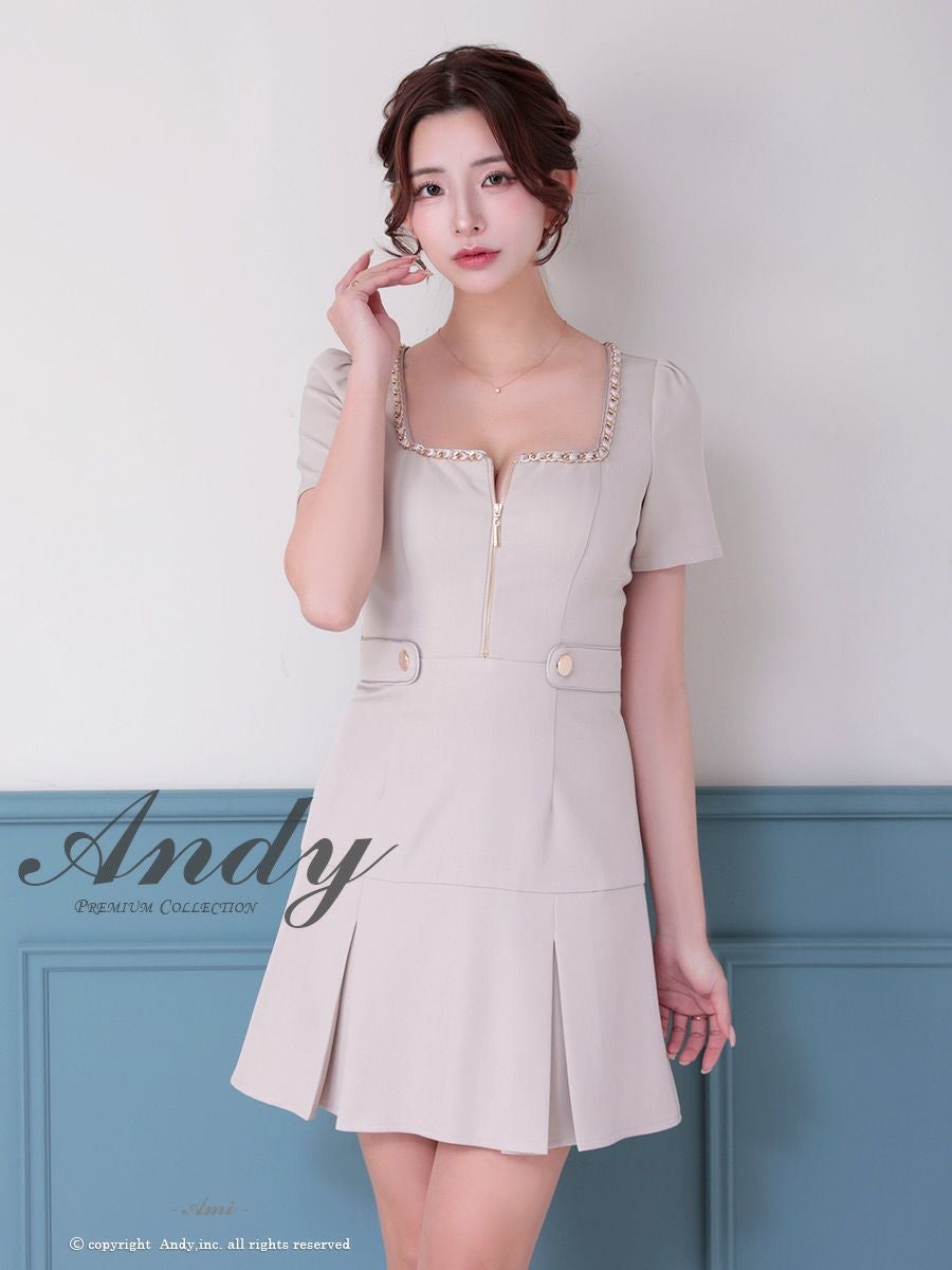 キャバドレス フレアミニドレス Andy アンディ 半袖 プリーツ ジップデザイン 飾りボタン スクエアネック ワンカラー
