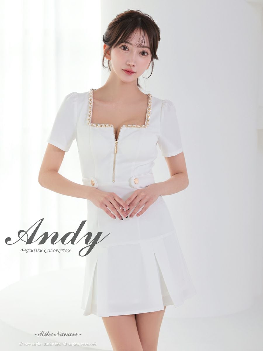 キャバドレス フレアミニドレス Andy アンディ ジップデザイン 半袖 プリーツ 飾りボタン スクエアネック ワンカラー