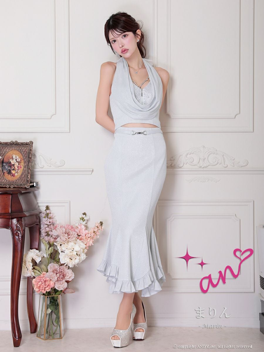 キャバドレス マーメイドロングドレス an アン セットアップ ホルターネック ラインストーン ワンカラー バックリボン ジップデザイン