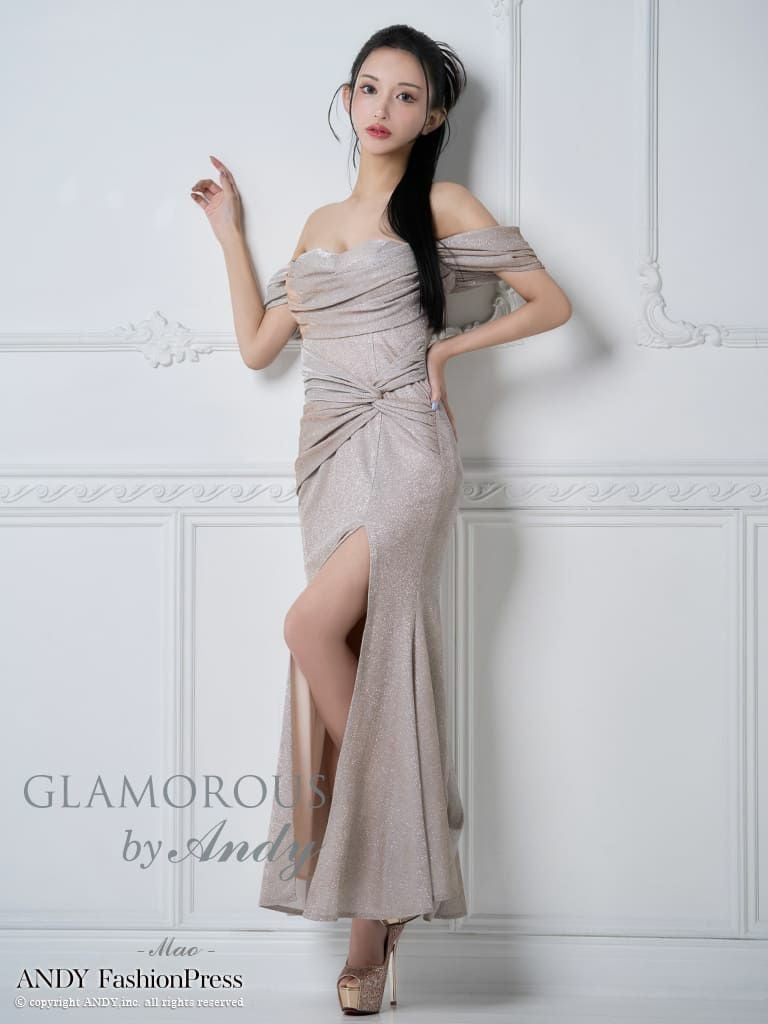 キャバドレス GLAMOROUS オフショルダー 半袖 ラメ スリット クロスデザイン タック ドレープ タイトロングドレス