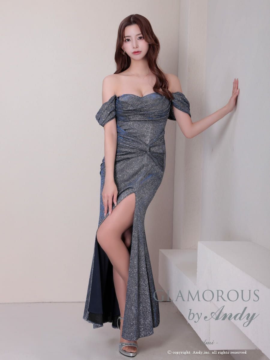 キャバドレス GLAMOROUS 半袖 オフショルダー ラメ スリット クロスデザイン タック ドレープ タイトロングドレス