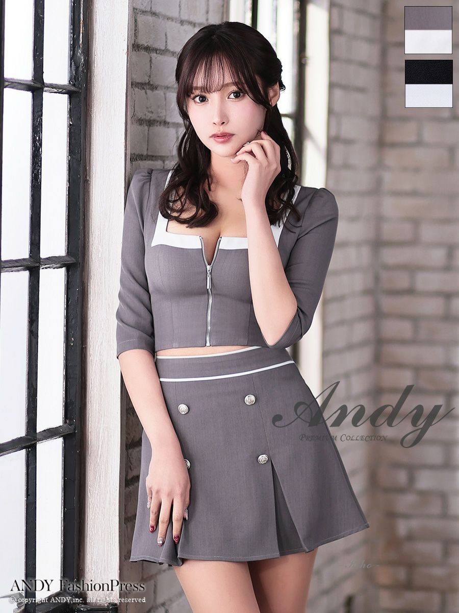 キャバドレス Andy 袖あり セットアップ ジップデザイン スクエアネック プリーツ フレアミニドレス