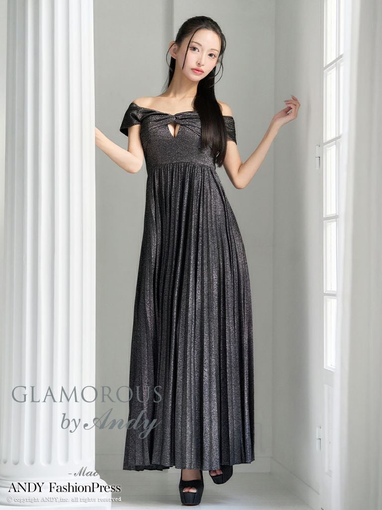キャバドレス Aラインロングドレス GLAMOROUS グラマラス ワンカラー オフショル ラメ カットアウト プリーツ