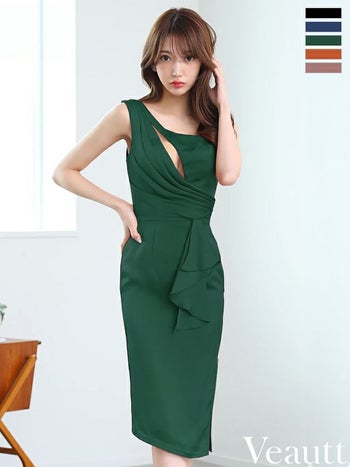 キャバドレス Veautt ヴュート ジップデザイン セクシー バストカット ドレープデザイン ワンショルダー 膝丈ドレス