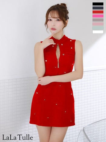 キャバドレス ROBEdeFLEURS ローブドフルール ガーリー ゴールド ハートスタッズ ノースリーブ ワンカラー ツイード ジップデザイン タイトミニドレス 