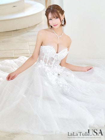 キャバドレス LaLaTulle USA インポート ベア オープンバスト シアーコルセット フラワー刺繍 チュール スリット バースデー Aラインロングドレス