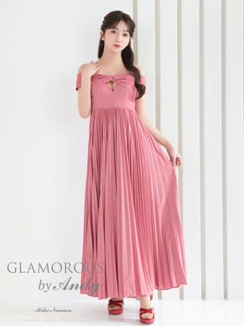 キャバドレス Aラインロングドレス GLAMOROUS グラマラス オフショル ワンカラー ラメ カットアウト プリーツ