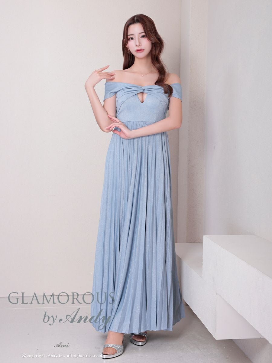 キャバドレス  Aラインロングドレス GLAMOROUS グラマラス ラメ オフショル ワンカラー カットアウト プリーツ