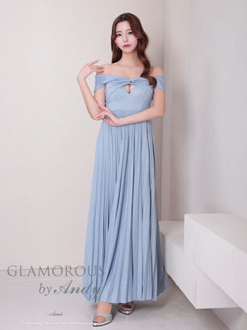キャバドレス  Aラインロングドレス GLAMOROUS グラマラス ラメ オフショル ワンカラー カットアウト プリーツ