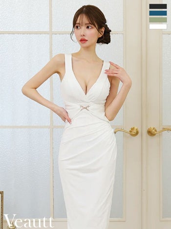 キャバドレス Veautt ヴュート ウエストタック Vネック ノースリーブ ジップデザイン スリット セクシー 膝丈ドレス