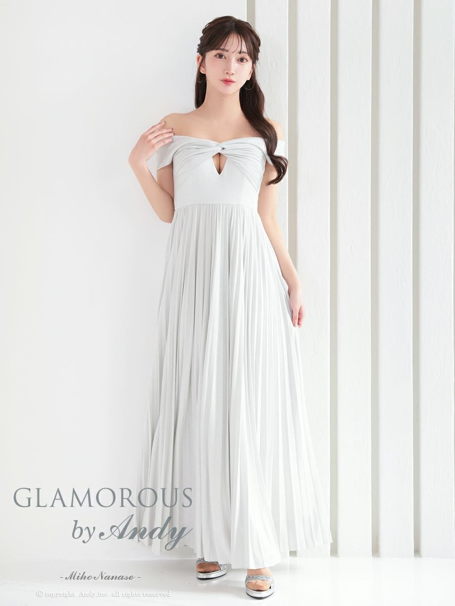 キャバドレス Aラインロングドレス GLAMOROUS グラマラス カットアウト ラメ オフショル ワンカラー プリーツ