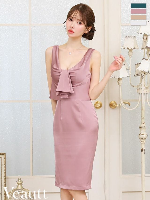 キャバドレス Veautt ヴュート オープンバスト ボウタイデザイン ノースリーブ スリット サテン セクシー 膝丈ドレス