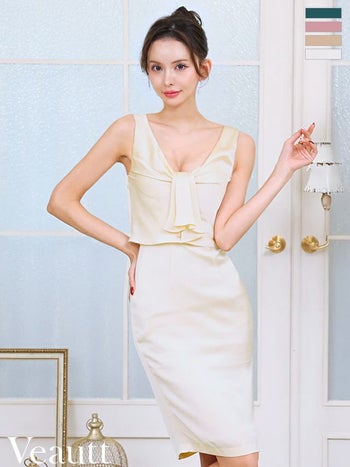 キャバドレス Veautt ヴュート ノースリーブ スリット サテン セクシー オープンバスト ボウタイデザイン 膝丈ドレス
