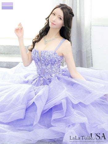 キャバドレス LaLaTulle USA インポート オープンバスト キャミソール フラワー刺繍 シアー チュール レースアップ バースデー Aラインロングドレス