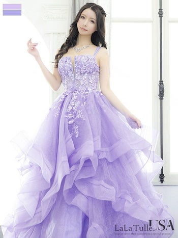 キャバドレス LaLaTulle USA インポート キャミソール フラワー刺繍 シアー チュール レースアップ バースデー オープンバスト Aラインロングドレス