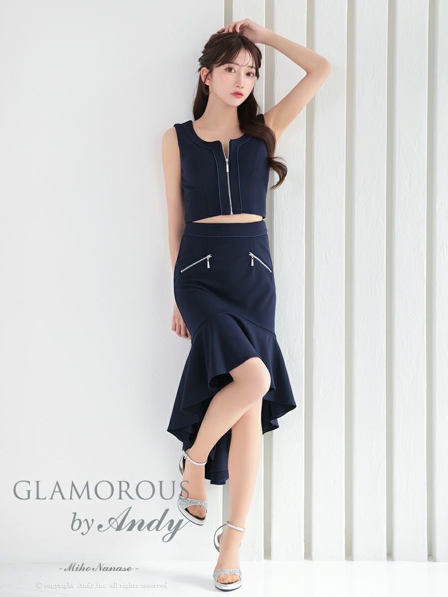 キャバドレス 膝丈ドレス GLAMOROUS グラマラス セットアップ ノースリーブ ジップデザイン ワンカラー テールカット