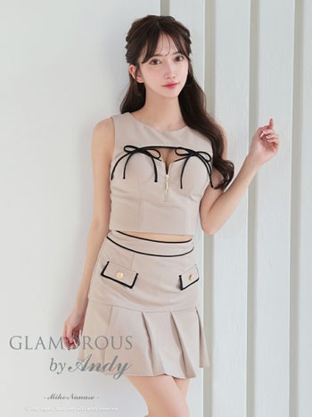 キャバドレス フレアミニドレス GLAMOROUS グラマラス リボン ノースリーブ ジップデザイン セットアップ カットデザイン バイカラー 飾りボタン