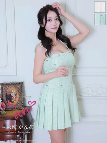 キャバドレス フレアミニドレス an アン ハートボタン ツイード スパンコール ノースリーブ キャミソール プリーツ