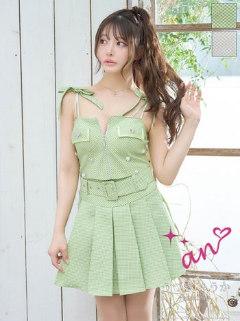 キャバドレス フレアミニドレス an アン リボン ハートボタン ビジュー キャミソール ジップデザイン セットアップ ベルト 飾りポケット