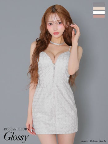 キャバドレス Glossy ROBE de FLEURS グロッシー ローブドフルール シンプル キャミソール ジップデザイン ラメ バックカット タイトミニドレス 