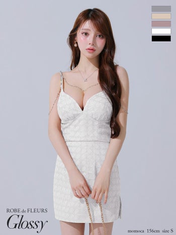 キャバドレス Glossy ROBE de FLEURS グロッシー ローブドフルール セットアップ セクシー ラメツイル ゴールドチェーン キャミソール タイトミニドレス 