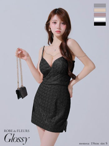 キャバドレス Glossy ROBE de FLEURS グロッシー ローブドフルール ゴールドチェーン セクシー セットアップ ラメツイル キャミソール タイトミニドレス
