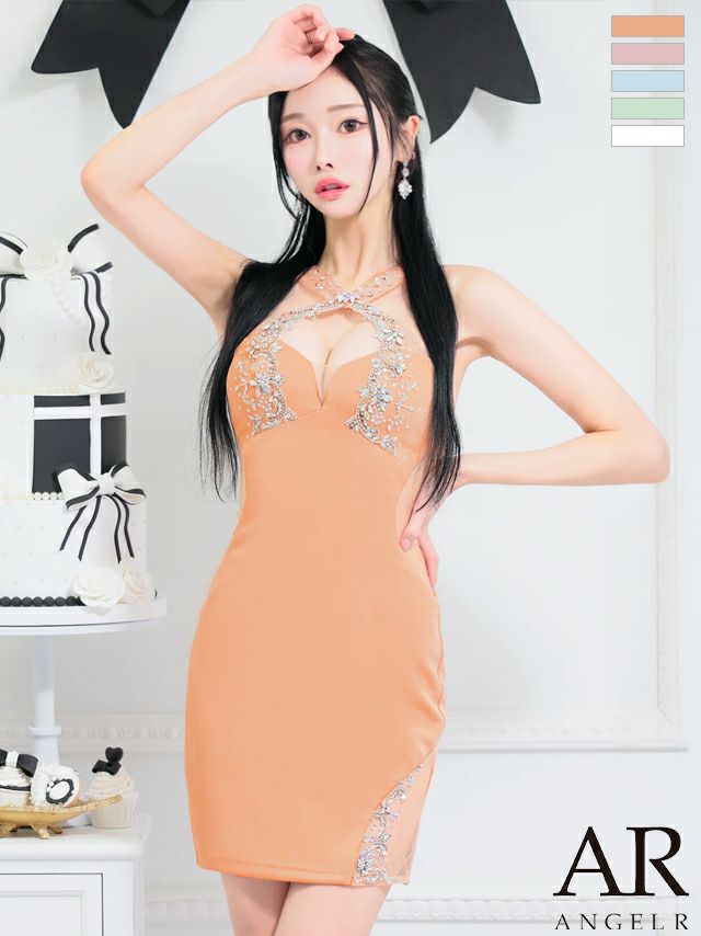 キャバドレス Angel R エンジェルアール クロスネック ホルターネック くびれ透け セクシー ビジュー タイトミニドレス