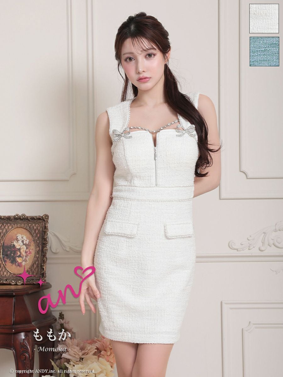 キャバドレス タイトミニドレス an アン リボン ツイード ビジュー ノースリーブ ジップデザイン 飾りポケット