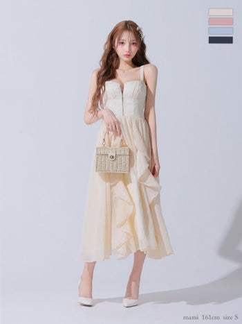 キャバドレス DEA.by ROBE de FLEURS ディア エレガント ノースリーブ オープンバスト ジップデザイン サテン フリル Aラインロングドレス