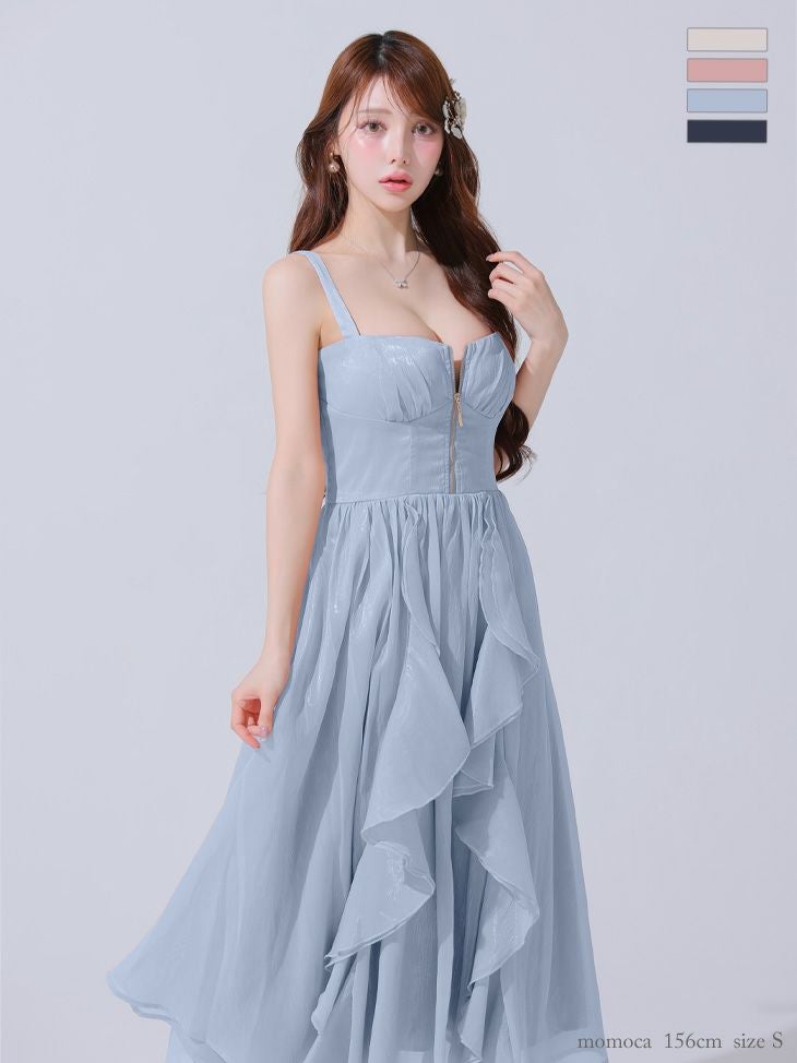 キャバドレス DEA.by ROBE de FLEURS ディア オープンバスト ジップデザイン サテン フリル エレガント ノースリーブ Aラインロングドレス