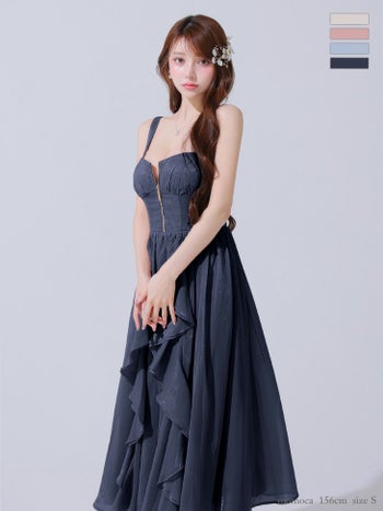 キャバドレス DEA.by ROBE de FLEURS ディア ジップデザイン サテン フリル エレガント ノースリーブ オープンバスト Aラインロングドレス