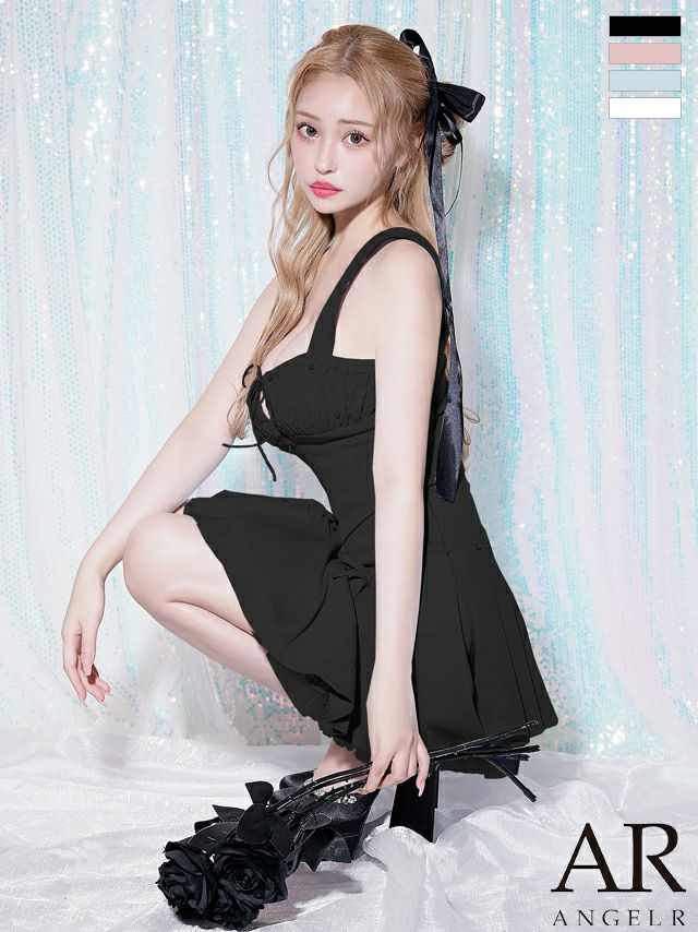 キャバドレス Angel R エンジェルアール バストカット リボン チュール ビジュー プリーツ セットアップ ガーリー ノースリーブ フレアミニドレス