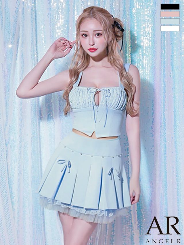 キャバドレス Angel R エンジェルアール リボン チュール ビジュー プリーツ セットアップ ガーリー ノースリーブ バストカット フレアミニドレス