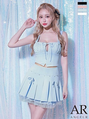 キャバドレス Angel R エンジェルアール リボン チュール ビジュー プリーツ セットアップ ガーリー ノースリーブ バストカット フレアミニドレス