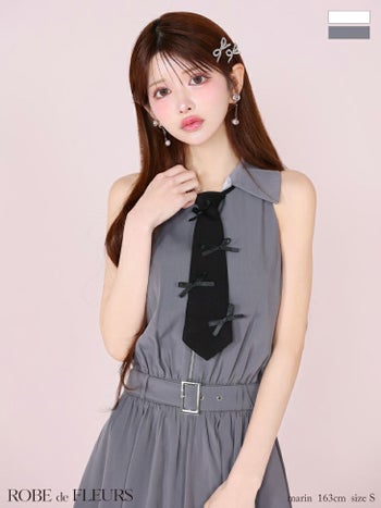 キャバドレス ROBEdeFLEURS ローブドフルール ノースリーブ ジップデザイン 襟付き リボン ネクタイ ウエストベルト ガーリー フレアミニドレス 