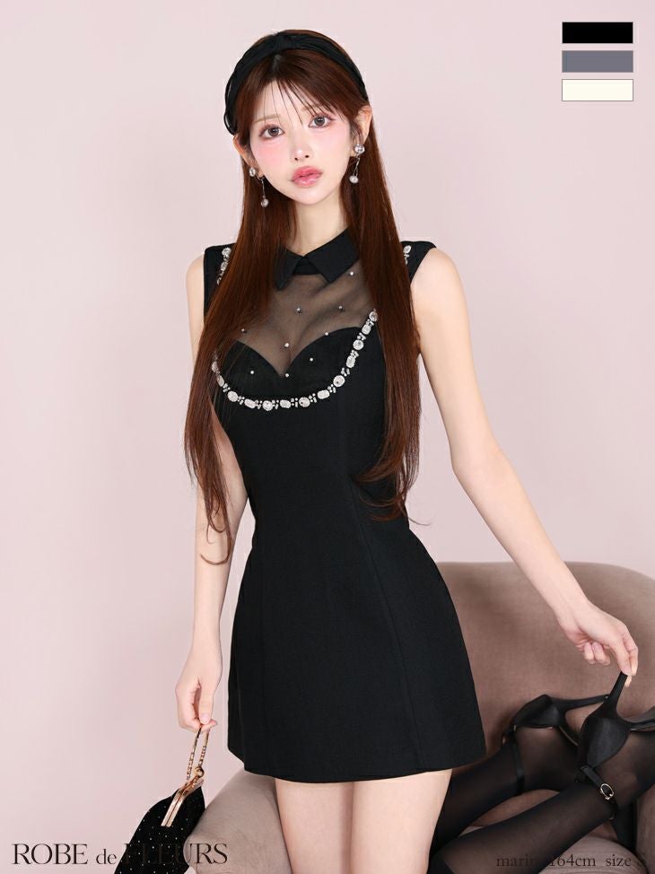 キャバドレス ROBEdeFLEURS ローブドフルール 襟付き ノースリーブ シアー チュール ビジュー ハートカット タイトミニドレス