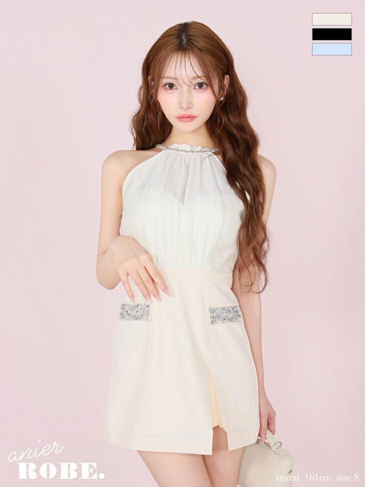 キャバドレス anier.ROBE アニエルローブ ホルターネック サテン ビジュー シフォン バックオープン タイトミニドレス