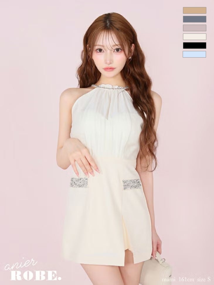 キャバドレス anier.ROBE アニエルローブ ホルターネック サテン ビジュー シフォン バックオープン タイトミニドレス