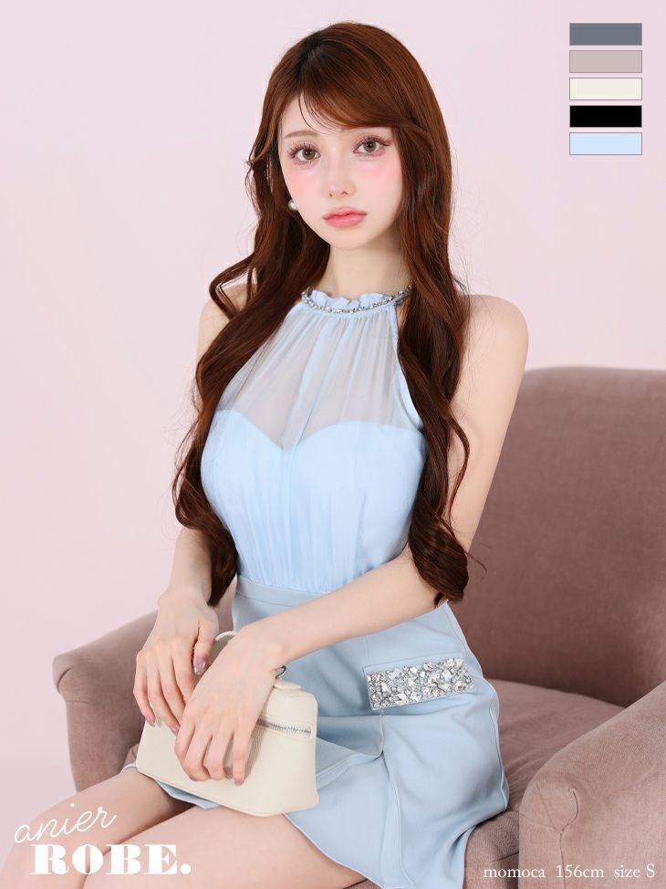 キャバドレス anier.ROBE アニエルローブ ビジュー シフォン バックオープン ホルターネック サテン タイトミニドレス