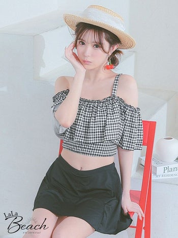 水着 チェック柄 フリル ビスチェ バックリボン ガーリー ショルダーカット タンキニ ビキニ