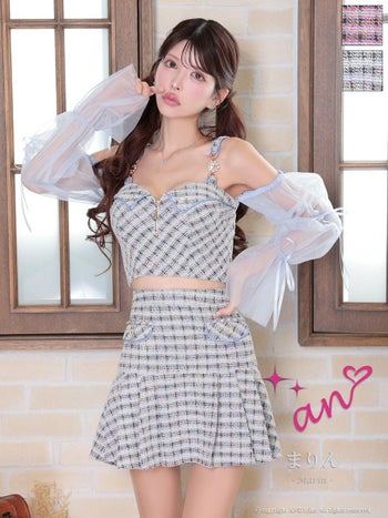 キャバドレス フレアミニドレス an アン ハートボタン リボン ツイード キャミソール ジップデザイン チュールスリーブ セットアップ 飾りボタン