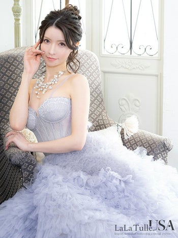 キャバドレス LaLaTulle USA インポート キャミソール ハートカット シアーレース コルセット グラデーション ティアード バースデー Aラインロングドレス