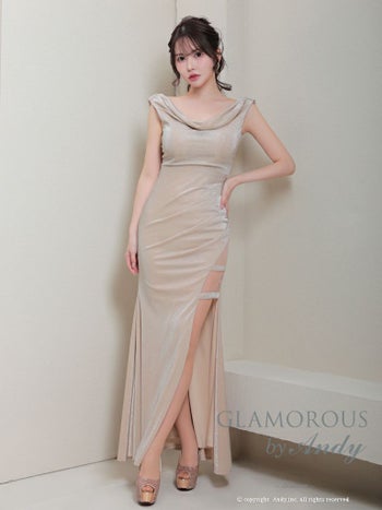 キャバドレス GLAMOROUS グラマラス スリット ラメ ワンカラー ノースリーブ タックデザイン ドレープ タイトロングドレス