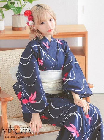 浴衣 レトロ 紺地 金魚柄 流水紋 ゆかた3点SET