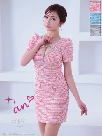 キャバドレス タイトミニドレス an アン 半袖 ハートボタン ツイード ジップデザイン 飾りポケット カットデザイン