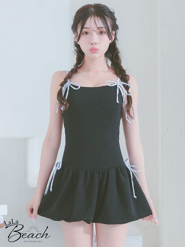 水着 ガーリー バルーンスカート バイカラーリボン 韓国風 ワンピース ビキニ